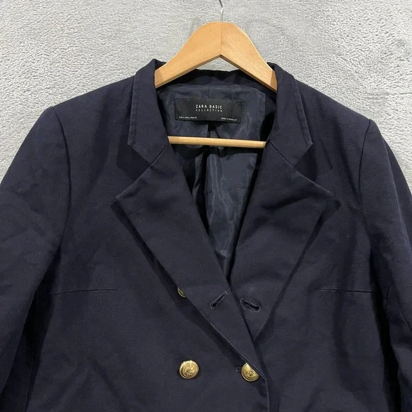 Zara Blazer Jacket Womens Large Double‎ Breasted Navy Blue Academia Gold